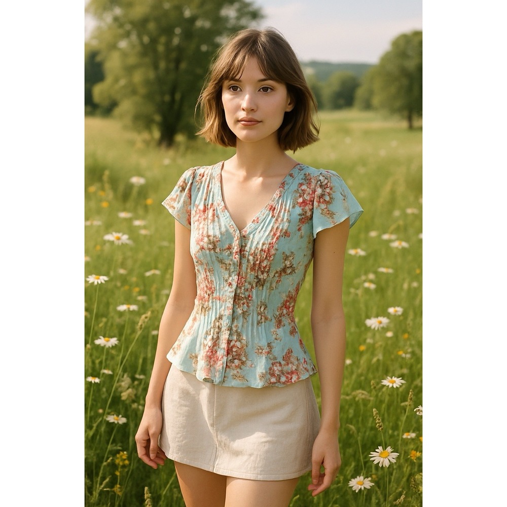 Vtg Allison Taylor Top Womens S Multi Plisse Flutter Bloomcore Coquette Y2K